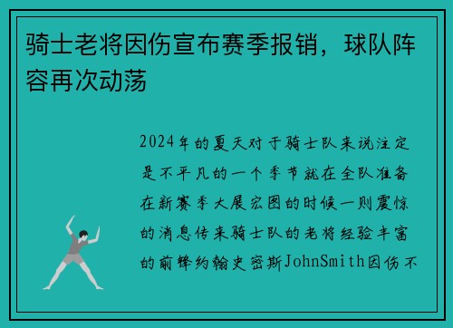 骑士老将因伤宣布赛季报销，球队阵容再次动荡
